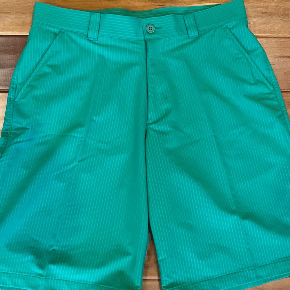 Under Armour golf shorts.  
Green with pin stripes.